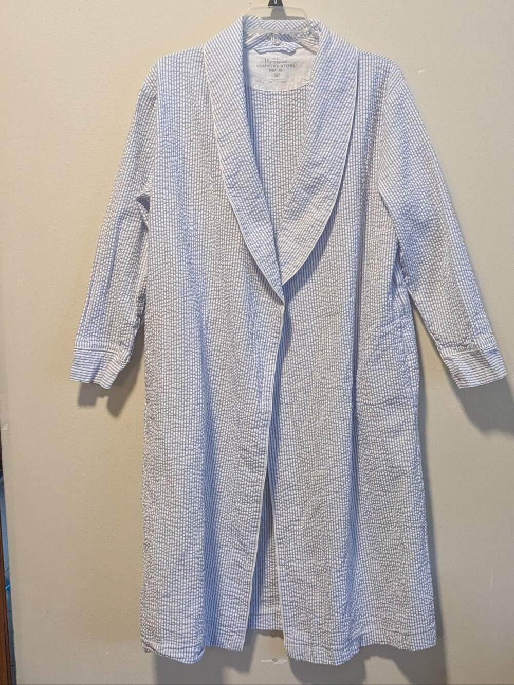Vermont Country Store Ladies S Petite Wrap Robe Blue Seersucker Pockets NO BELT